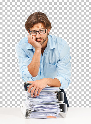 A businessman burnout, stress with stack of paperwork on desk for deadline, corporate project and report, ideas, vision or a tired employee thinking with pile of files, review papers and documents isolated on a png background.
