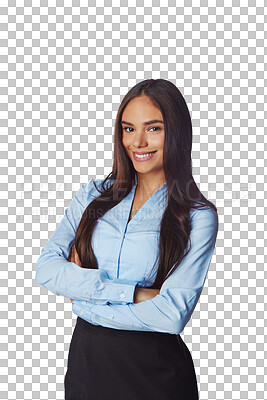 Isolated, business and portrait of woman with mockup for management, leader and fashion. Happy, smile and confident with Brazilian girl and arms crossed for career mindset isolated on a png background