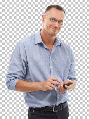 Phone, portrait and business man for social media. Technology, smartphone and mature male entrepreneur with mobile cellphone for internet browsing or texting isolated on a png background