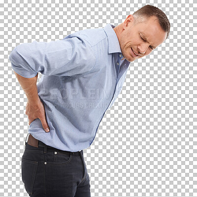 Injury, business man and back pain. Burnout, fatigue stress and injured mature male entrepreneur with fibromyalgia, arthritis or painful spine after accident isolated on a png background