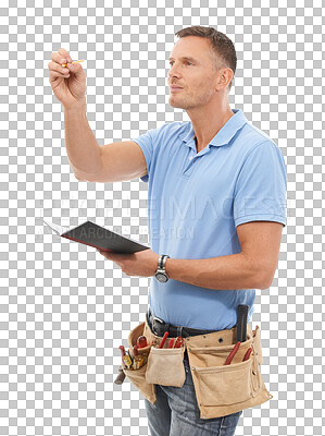 Inspection, contractor or handyman man notebook, checklist and tools. Professional construction worker or carpenter person writing notes or services invoice in isolated on a png background