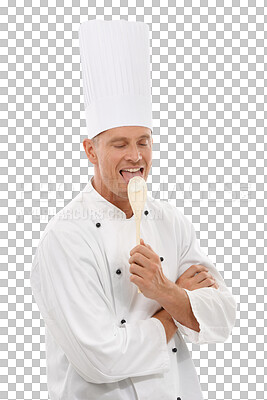 Man, chef licking wooden spoon and goofy cafe owner and small business in restaurant industry. Happy cook, discount deal and delicious menu special or promotion in isolated on a png background