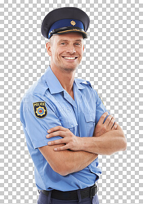 Police officer, arms crossed and man isolated on a png background for career vision, leadership and studio portrait. Security, law and compliance professional person or happy model in uniform