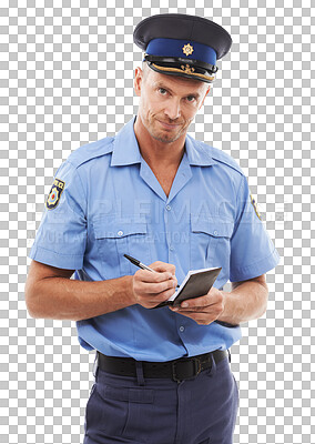 Parking fine, writing ticket and portrait of police on isolated on a png background with notepad for traffic laws. Crime, law enforcement and face of policeman, security guard and safety officer write on paper