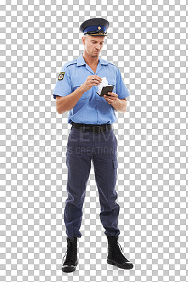 Ticket, parking fine and police writing on notepad for traffic laws, public service and crime isolated on a png background. Justice, law enforcement and isolated policeman, security guard and safety officer
