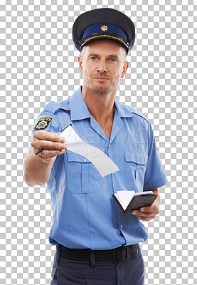Law, portrait and police officer with a ticket for a crime isolated on a png background in a studio. Security, guard and man working in safety with a citation for a traffic offense on a backdrop