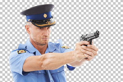 Man, police officer and pointing gun standing ready to fire or shoot isolated on a png background. Male security guard or detective holding firearm to uphold the law, stop crime or violence