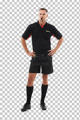 Referee man, portrait and blowing whistle, angry with soccer foul and warning in game isolated on a png background. Sports, fitness and compliance, rules and male in studio with football penalty