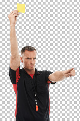 A Sports referee, man and yellow card hand for warning soccer rules, penalty or fail in studio. Angry fitness coach sign for mistake, problem or caution in competition game on isolated on a png background