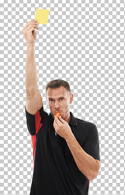 Yellow card, whistle and sports referee man with hand warning for soccer rules, penalty or fail. Fitness coach sign for mistake or caution at competition game isolated on a png background