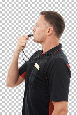 Referee man, whistle and face profile with soccer foul and warning in match or game isolated on a png background. Sports, fitness and compliance, rules and male in studio with football penalty