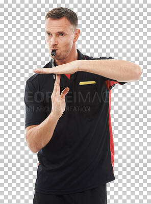 Sports, timeout and man referee in studio blowing a whistle for soccer match or training. Fitness, rules and mature male coach with hand football gesture or sign languageisolated on a png background