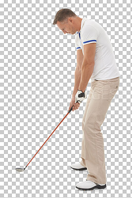 Sports, golf man and swing of club in studio isolated on a png background ready to start game. Training, golfer and mature male swinging driver for golfing workout, exercise and fitness match.