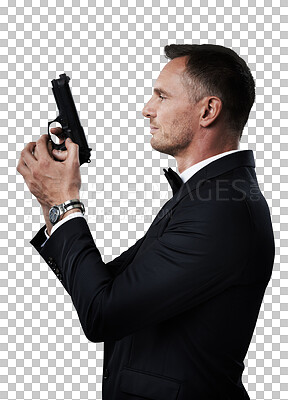 Agent man, profile and gun with suit for mission, justice or espionag. Government spy, detective and firearm with designer tuxedo, secret information and undercover work isolated on a png background