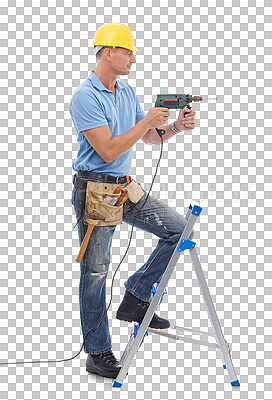 Happy, handyman and repairman in studio with a drill, tool belt and ladder for maintenance. Happy, smile and professional male industry worker with tools for repairs isolated on a png background
