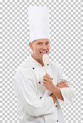 Portrait of chef licking wooden spoon, goofy cafe owner and small business in restaurant industry isolated on a png background. Happy, discount deal and delicious menu special or promotion in studio.