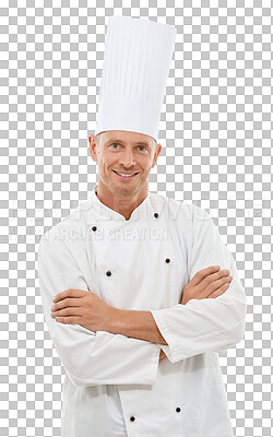 Leadership, confidence and portrait of chef with smile, cafe owner and small business in restaurant industry. happy executive cook in uniform and arms crossed in isolated on a png background