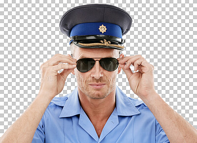 Security, officer and face of police with sunglasses on isolated on a png background for authority, public safety and crime. Justice, law enforcement and portrait of policeman, traffic cop and guard in studio