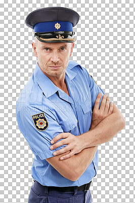 Safety, security and portrait of police with crossed arms for authority, leadership and justice. Law enforcement, public service and isolated guard, policeman and cop in uniform isolated on a png background
