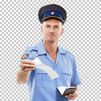 Law, portrait and police officer with a ticket for a violation isolated on a png background in a studio. Security, guard and man working in safety with a note for a traffic offense on a backdrop