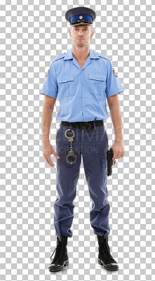 A man, portrait and police officer for justice law enforcement, public safety or security service. Gun, criminal handcuffs or violence protection guard of crime hero isolated on a png background
