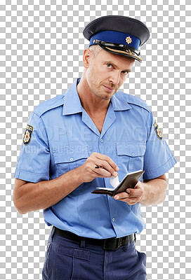 Parking fine, ticket and portrait of police writing on notepad for traffic laws, crime and public service. Justice, law enforcement and face of policeman, security guard and safety officer with paper isolated on a png background