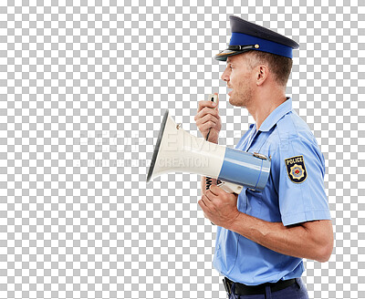 Justice man, megaphone or police officer speech for service announcement, legal law or studio crime. Safety profile, security communication speaker or talking hero isolated on mockup isolated on a png background