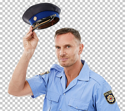 Portrait, police officer and man isolated on a png background, hat for leadership or safety in studio mockup. Security, law and compliance, professional person or attractive model in legal uniform