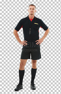 Sports, portrait and male referee in a studio posing with sportswear for a soccer match or training. Fitness, exercise and full body of man coach ready for football game isolated on a png background