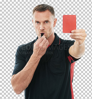 Referee portrait, red card and whistle for hand warning for soccer rules, penalty or fail in studio. Football coach sign for mistake or caution for competition game isolated on a png background