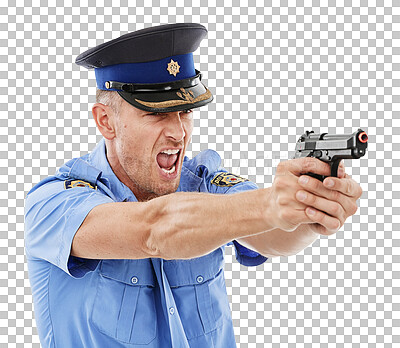 A Angry man, police officer and shooting gun standing. Male security guard or detective holding firearm or weapon screaming the law to stop crime or violence isolated on a png background