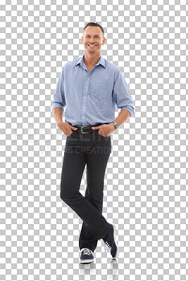 A Man, portrait and handsome smile with casual fashion. Isolated mature model, jeans and shirt with hands in pocket for happy lifestyle, relax and confidence isolated on a png background