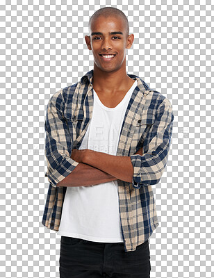 Happy black man, portrait and arms crossed with confidence, happiness or smile from Atlanta. Guy, model and cool attitude with clothes, style or handsome face isolated on a png background