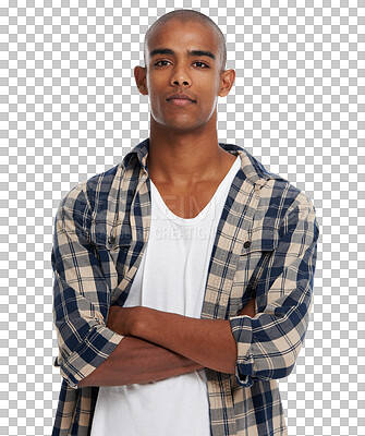 Serious black man,portrait and arms crossed with confidence, pride and vision in Atlanta. Focus guy, fashion model and cool attitude with clothes, style or handsome face isolated on a png background