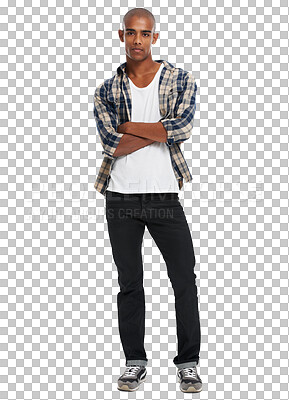 A black man, studio portrait and arms crossed with confidence, attitude and style from Atlanta. Cool guy, fashion model with confident style, clothes and handsome face isolated on a png background