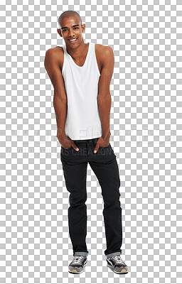 Black man, happiness and fashion portrait of a model with isolated, full body. Hands in pockets, smile and happy person feeling cool and stylish alone in studio with mock up isolated on a png background
