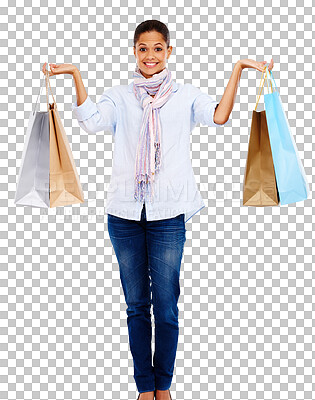 Happy, shopping and woman bags, smile and fashion sale isolated on a png background. Winner discount sales and retail therapy, body portrait of girl from India smiling, holding shopping bag in studio
