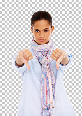 Portrait, thumbs down and emoji with a black woman in studio isolated on a png background to disagree. No, rejection and deny with a young female showing a negative hand sign on blank space