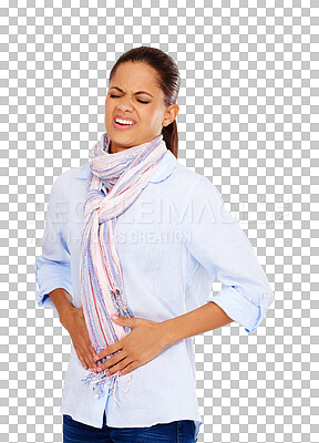 Colon, digestion or constipation and a model black woman with stomach pain. Menstruation, stomach ache and period with a hurt young female on blank space isolated on a png background