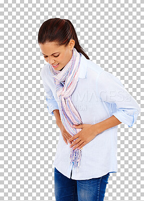 Colon, digestion or stomach ache and a model black woman with stomach pain. Menstruation, constipation and period with a hurt young female on blank space isolated on a png background