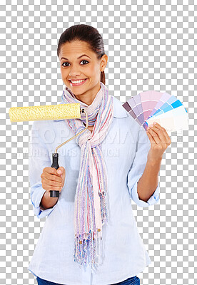 A Woman portrait, color swatch and paint roller on house, home and apartment wall ideas. Smile, happy or creative interior designer and painting tools, vision or DIY mockup isolated on a png background