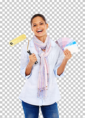 A Happy woman, portrait and color swatch roller on house, home or apartment wall ideas. Smile, happy and interior designer with painting tools, vision and DIY mockup tools isolated on a png background