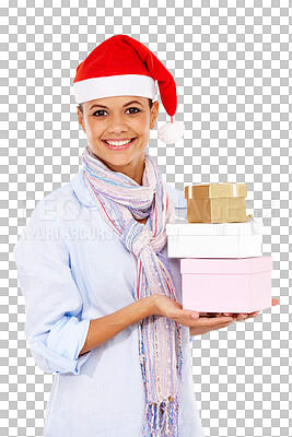 Christmas, portrait and woman with gifts in studio isolated on a png background. Face, holidays and smile of happy female holding presents or boxes for December party, celebration and xmas event.