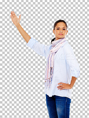 Confident woman, portrait and showing hand gesture at promotion mockup or space. Business worker, employee and presentation mock up for advertising or marketing training isolated on a png background
