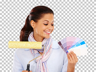 A Happy woman, color swatch and paint roller on house, home and apartment wall ideas. Smile, interior designer and creative with painting tools, vision and DIY mockup tools isolated on a png background