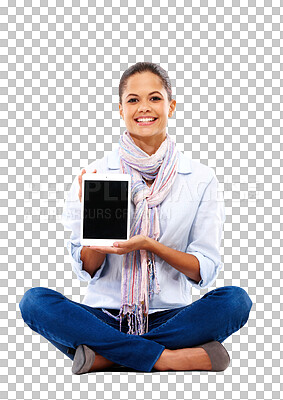 Woman, portrait or tablet screen mockup on social media or elearning website. Digital technology, mock up or blank advertising space for smile or studio college student isolated on a png background