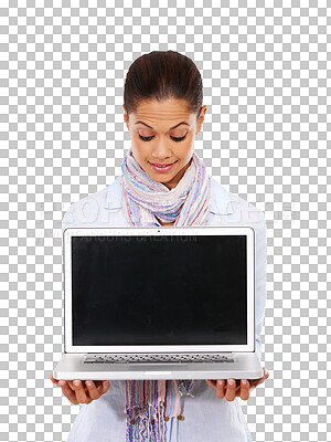 Woman, surprise and laptop mockup for website branding, advertising or logo space. Digital technology, mock up and blank screen for smile, happy and excited web designer isolated on a png background