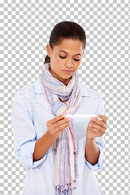 Depression, sad and woman with pregnancy test in studio isolated on a png background. Pregnant, infertility and female looking at maternity exam results feeling disappointed, unhappy and depressed.