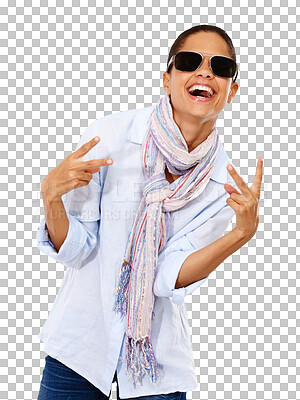 A Woman, peace hands and sunglasses portrait with beauty smile, fashion and scarf by. Isolate model, trendy clothes and happiness for style, hand gesture and excited laughing isolated on a png background