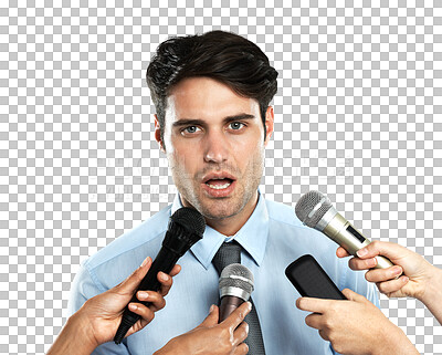 Microphone, portrait and interview for business man, government worker or corporate speaker. Speech communication, reporter hands and news journalist question to politician isolated on a png background